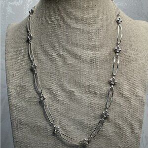 Silver Tone Paper Clip Style Necklace With Beaded Accents & Lobster Clasp